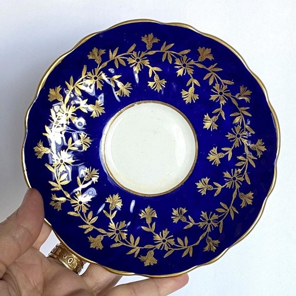 Aynsley Deep Blue No 28 Scalloped Border Gold Accent Floral Thistle Cup Saucer - Picture 6 of 11